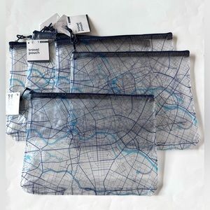 Lot Of 5 Travel Pouches Map Print Blue & Clear Zipped  New